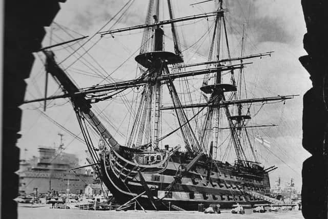 HMS Victory in all her glory, 1977. It's now impossible to take this picture today for two reasons; there is now a barrier across gateway and Victory has lost all her upper masts and rigging.