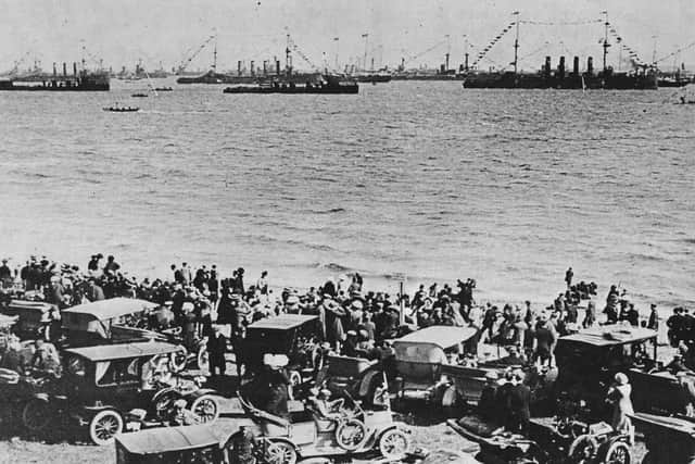 A view from the beach of part of the 1914 Fleet Review which contained 59 battleships alone.
