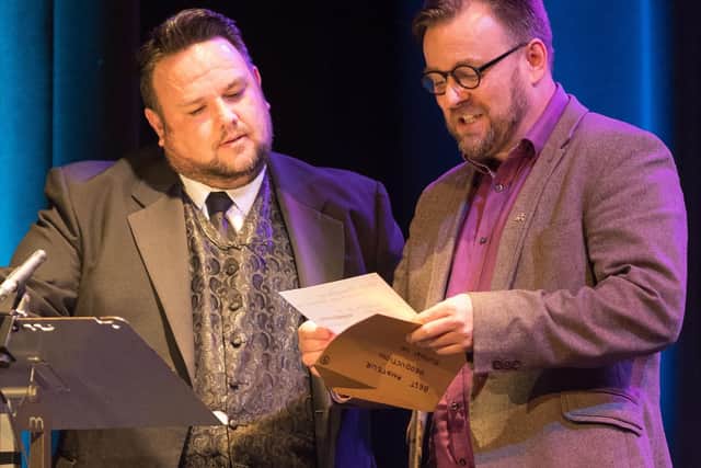 Compere, Jack Edwards with The Guide Award 2017 for Best Am-Dram Production presented by Richard Stride of The Groundlings Theatre. Picture Credit: Keith Woodland