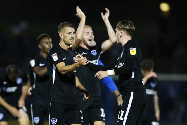 Pompey celebrate their win at Bristol Rovers earlier this season. Picture: Joe Pepler