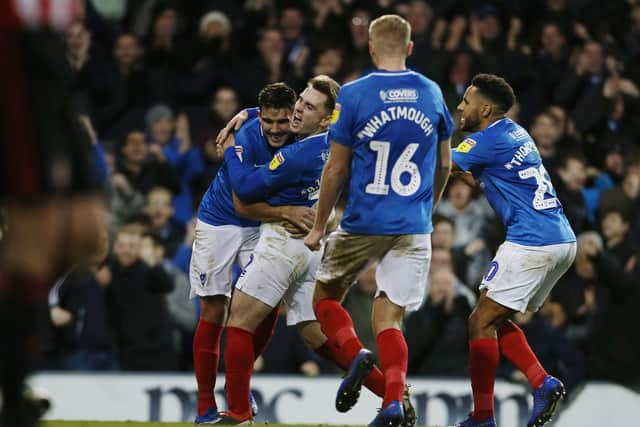 Celebrations as Ben Thompson nets in Pompey's 3-1 victory over Sunderland. Picture: Joe Pepler