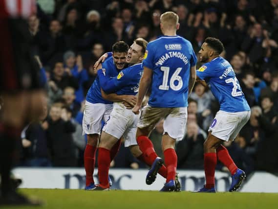 Celebrations as Ben Thompson nets in Pompey's 3-1 victory over Sunderland. Picture: Joe Pepler