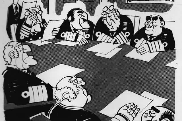 The caption for this cartoon produced for the 1977 Silver Jubilee Fleet Review was: 'In view of the defence cuts, it is proposed that our Jubilee naval review be switched from Spithead to the Serpentine.' Picture: Gordon Walwyn Collection.