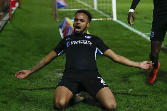 Anton Walkes celebrates his goal at Fleetwood. (Photo by Daniel Chesterton/phcimages.com)