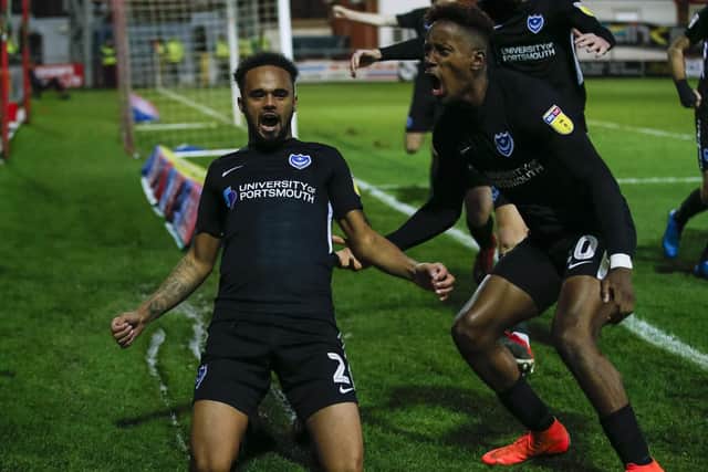 Anton Walkes celebrates scoring Pompey's third goal in today's 5-2 win at Accrington. Picture: Daniel Chesterton/phcimages.com