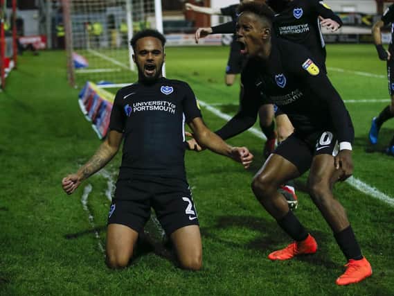 Anton Walkes celebrates scoring Pompey's third goal in today's 5-2 win at Accrington. Picture: Daniel Chesterton/phcimages.com