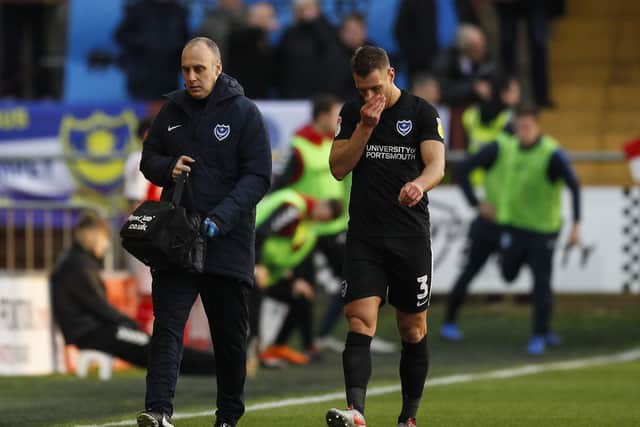Lee Brown of Portsmouth is substituted off injured during the Sky Bet League One match between Fleetwood and Pompey. Photo by Daniel Chesterton/phcimages.com