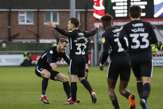 Ben Thompson celebrates his opener at Fleetwood. Picture: Daniel Chesterton/phcimages.com