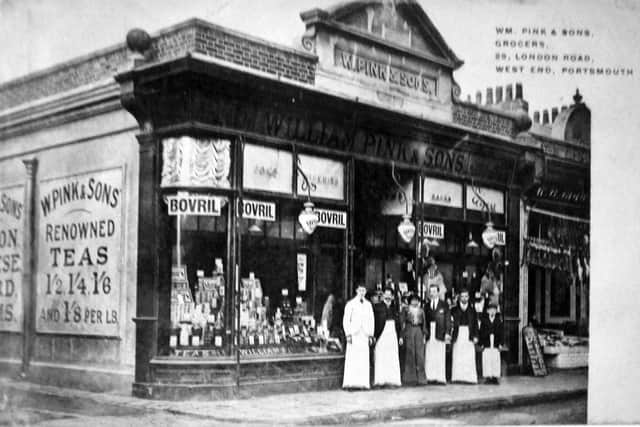 On the corner of London Road and Croft Road, North End, was Pinks grocers. Spot the error in the caption saying it was at West End.
