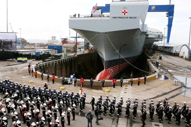 The naming ceremony of aircraft carrier HMS Prince of Wales at the Royal Dockyard in Rosyth in 2017. Picture: Andrew Milligan/PA Wire