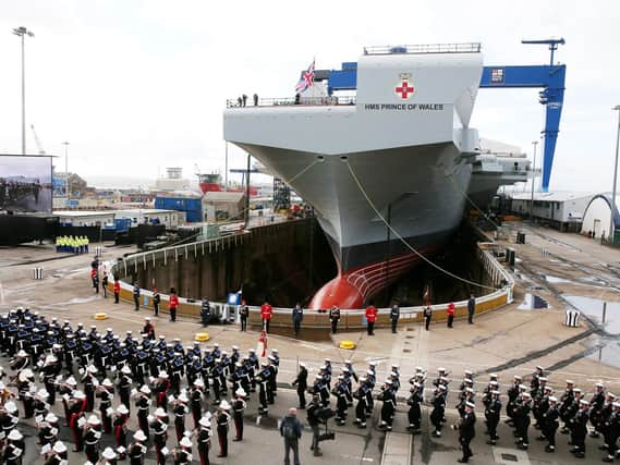 The naming ceremony of aircraft carrier HMS Prince of Wales at the Royal Dockyard in Rosyth in 2017. Picture: Andrew Milligan/PA Wire