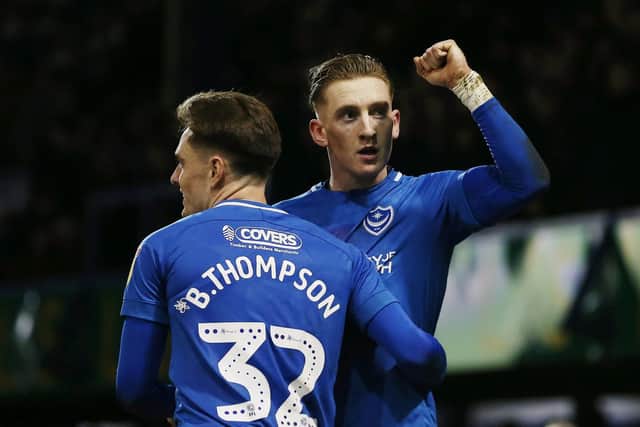 Ronan Curtis celebrates his match-winner against AFC Wimbledon Picture: Joe Pepler