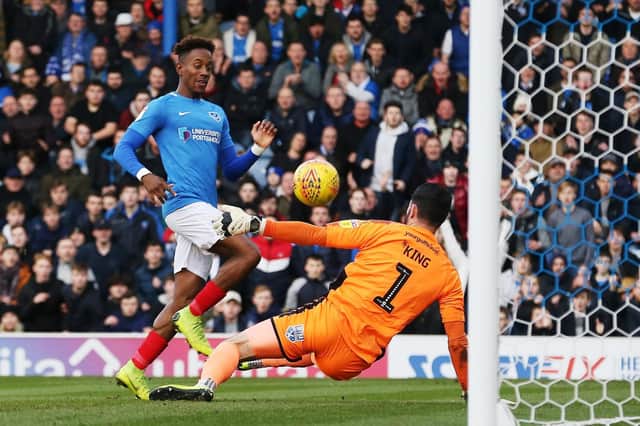 Jamal Lowe puts Pompey 1-0 up. Picture: Joe Pepler