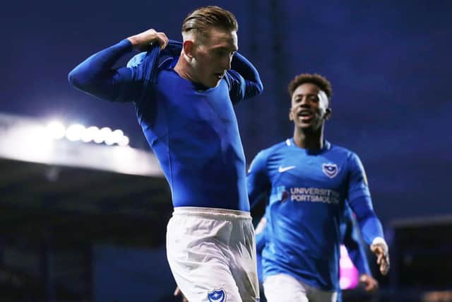 Ronan Curtis celebrates his match-winner with Jamal Lowe behind. Picture: Joe Pepler