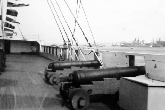 Foudroyants  main deck. Can anyone name the distant aircraft carrier? Picture: Barry Cox Collection.