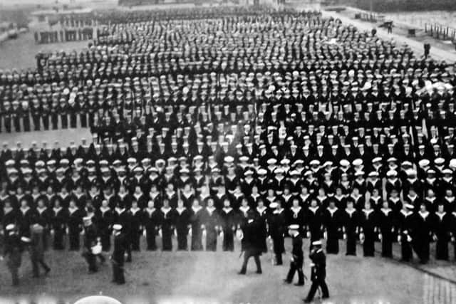 Being inspected by the lords of the Admiralty are some 4,600 men of the seaman branch of the Royal Navy. Picture: Barry Cox Collection.