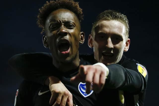 Jamal Lowe, left, celebrates with Ronan Curtis at Fleetwood. Picture: Daniel Chesterton/phcimages.com