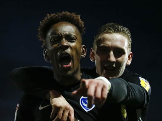 Jamal Lowe, left, celebrates with Ronan Curtis at Fleetwood. Picture: Daniel Chesterton/phcimages.com
