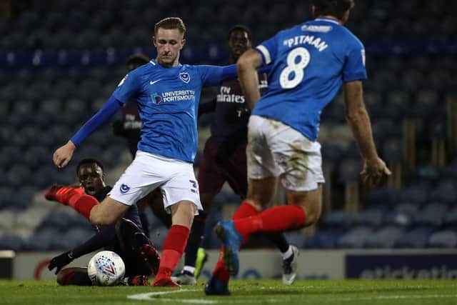 Adam May of Portsmouth has a shot at goal during the EFL Trophy match between Portsmouth v Arsenal U21, played at Fratton Park, Portsmouth.
4 Dec 2018