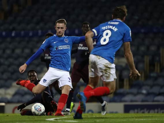 Adam May of Portsmouth has a shot at goal during the EFL Trophy match between Portsmouth v Arsenal U21, played at Fratton Park, Portsmouth.
4 Dec 2018