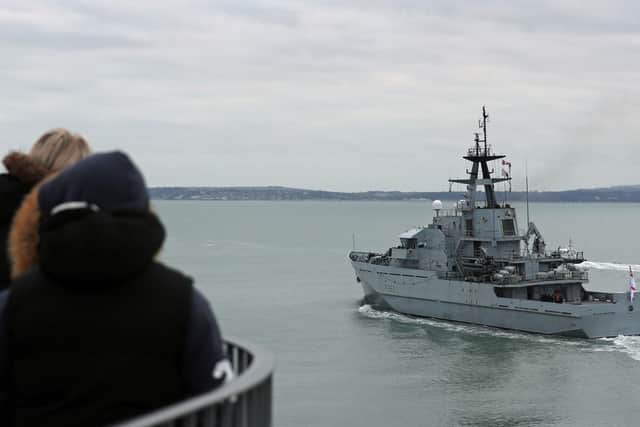 HMS Mersey, an offshore patrol vessel, leaves Portsmouth Harbour. Photo: PA
