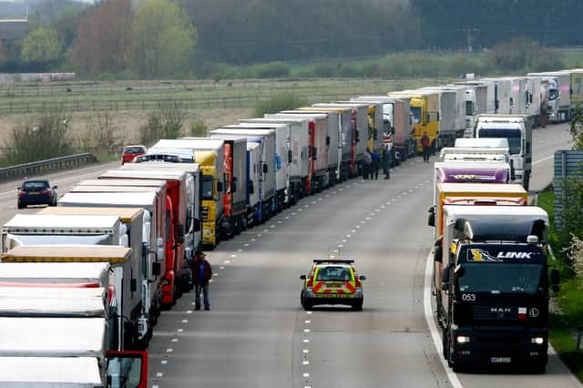 Queues of lorries on the M20 near Ashford in Kent which campaigners fear could hit motorways in Hampshire. Photo: Gareth Fuller/PA Wire