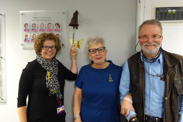 Emma Pope, left, with Kyrstyna Jenkins and her husband Christopher, with the new end-of-treatment bell at Spire Portsmouth.