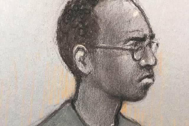 Court artist sketch by Elizabeth Cook of Darren Shane Pencille appearing at Staines Magistrates' Court where he is charged with the murder of Lee Pomeroy on a London-bound train. Picture: Elizabeth Cook/PA Wire