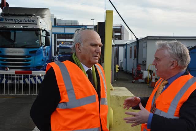 Councillor Gerald Vernon-Jackson, leader of Portsmouth City Council, right, speaks to Sir Vince Cable about his fears of Brexit. Photo: Ben Mitchell/PA Wire