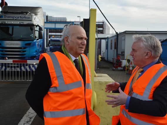 Councillor Gerald Vernon-Jackson, leader of Portsmouth City Council, right, speaks to Sir Vince Cable about his fears of Brexit. Photo: Ben Mitchell/PA Wire