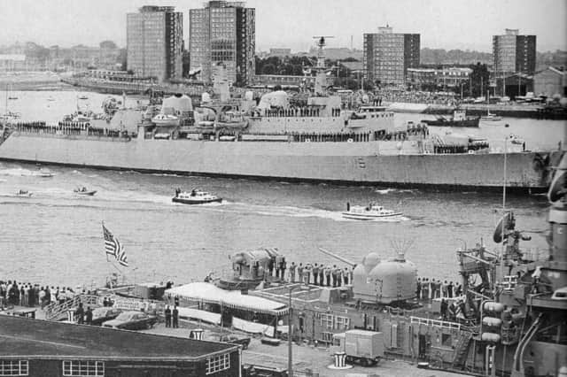 HMS Glamorgan returns home to Portsmouth after the Falklands war with the company of United States destroyer Charles Adams saluting her. Picture: PRDHS