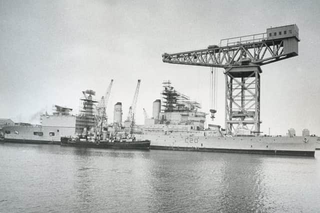 View from Fountain Lake jetty across to HMS Tiger undergoing a refit and the dockyard's 240-ton crane, October 1975