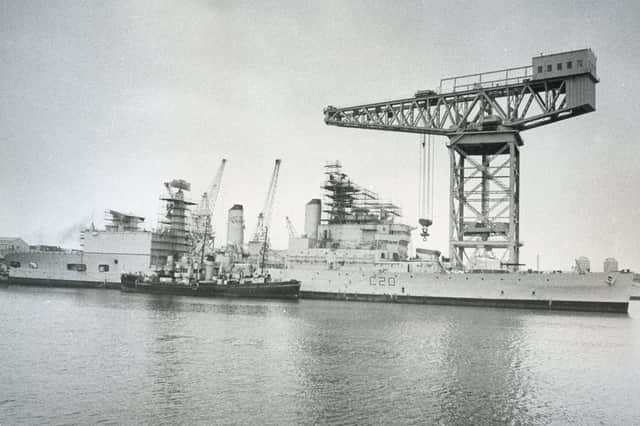 View from Fountain Lake jetty across to HMS Tiger undergoing a refit and the dockyard's 240-ton crane, October 1975