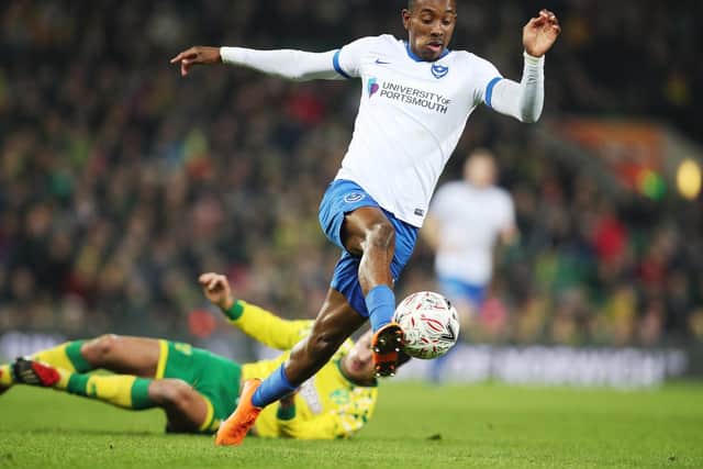Jamal Lowe is suspended from Pompey's FA Cup clash with QPR following new competition-specific punishment rules. Picture: Joe Pepler