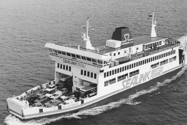 Sealink car ferry St Catherine leaving Portsmouth Harbour for the Isle of Wight in June 1988 PP4075