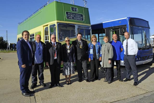 From left, councillor Tim Pike and skipper Colin Hill with mayor of Havant Peter Wade, his wife Janet, and fellow backers of the Hayling Ferry bus trial. Picture: Malcolm Wells