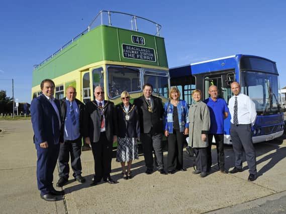 From left, councillor Tim Pike and skipper Colin Hill with mayor of Havant Peter Wade, his wife Janet, and fellow backers of the Hayling Ferry bus trial. Picture: Malcolm Wells