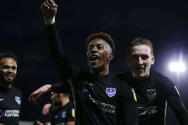 Jamal Lowe of Portsmouth celebrates after scoring his side's fifth goal to make the score 2-5 during the Sky Bet League One match between Fleetwood Town and Portsmouth at Highbury Stadium on December 29th 2018 in Fleetwood, England. (Photo by Daniel Chesterton/phcimages.com/PinPep)