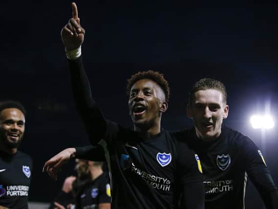 Jamal Lowe of Portsmouth celebrates after scoring his side's fifth goal to make the score 2-5 during the Sky Bet League One match between Fleetwood Town and Portsmouth at Highbury Stadium on December 29th 2018 in Fleetwood, England. (Photo by Daniel Chesterton/phcimages.com/PinPep)
