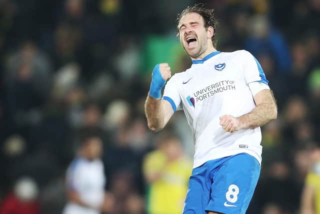 Brett Pitman celebrates Pompey's FA Cup victory at Norwich. Picture: Joe Pepler