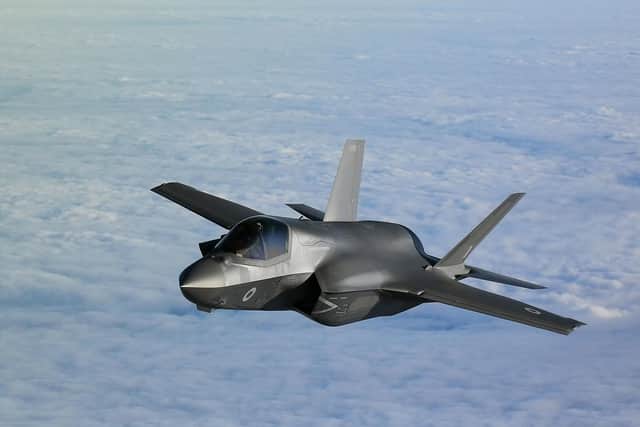An RAF F-35B Lightning stealth jet over the English Channel during Operation Point Blank, which featured aerial capabilities from the RAF, United States Air Force and French Air Force. Photo: Joe Giddens/PA Wire