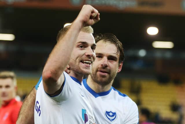 Jack Whatmough celebrates Pompey's win at Norwich. Picture: Joe Pepler