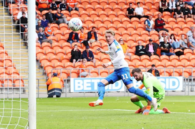 Ronan Curtis scores both goals in Pompey's 2-1 win at Blackpool in August. Picture: Joe Pepler