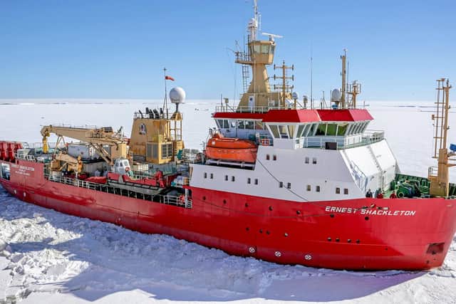 Pictured here is RRS ERNEST SHACKLETON breaking ice on route to The Thwaites Glacier.