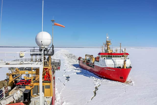 Pictured here is RRS ERNEST SHACKLETON breaking ice next to HMS PROTECTOR on route to The Thwaites Glacier.