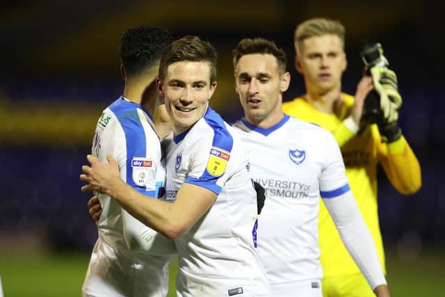 The Pompey players celebrate their victory over Southend in the Checkatrade Trophy Picture: Joe Pepler