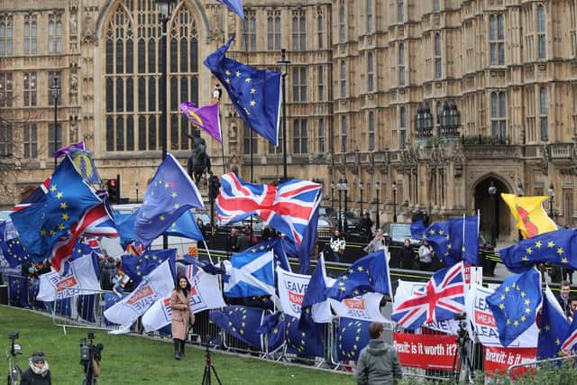 Anti-Brexit and Pro-Brexit protesters fly flags outside the Houses of Parliament, London, ahead of the House of Commons vote on the Prime Minister's Brexit deal. Picture: Yui Mok/PA Wire