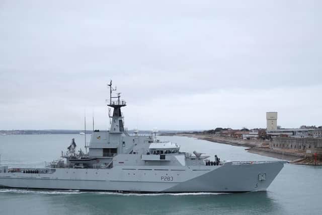 HMS Mersey arrives back into Portsmouth harbour after patrolling the waters in the English channel. PRESS ASSOCIATION Photo. Photo by Andrew Matthews/PA Wire