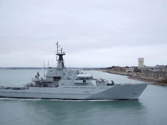HMS Mersey arrives back into Portsmouth harbour after patrolling the waters in the English channel. PRESS ASSOCIATION Photo. Photo by Andrew Matthews/PA Wire