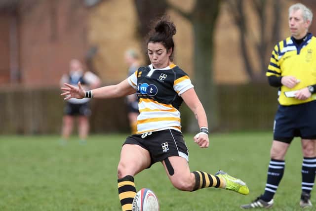 Chloe Stopard-Baker kicks a conversion for Portsmouth Valkyries against Windsor. Picture: Chris Moorhouse (130119-50)